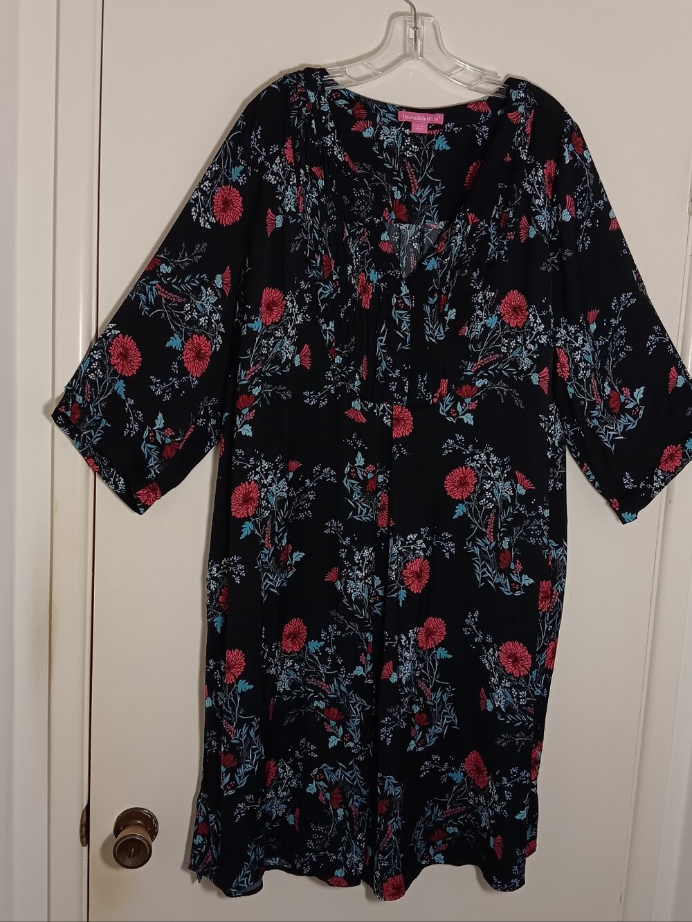 Woman Within Floral Boho Tunic Top Black Pink Blue Plus Size 3/4 Sleeves